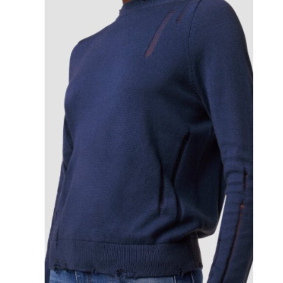 Hudson Sweater Women's Large Blue Distressed Twist Back Cotton-Cashmere Blend LS - Picture 2 of 15